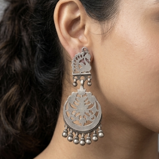 Silver Peacock Chandbali Earrings 